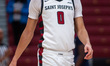 Derek Simpson of the St. Joseph's Hawks reacts during an NCAA men's basketball game at Hag...