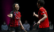 Ying Han of Germany celebrates after winning against Wang Manyu of China during a women's...
