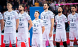 PGE Projekt Warszawa players stand during the national anthem before the volleyball match...