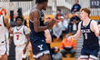 Jordan Brathwaite of the Yale Bulldogs reacts during an NCAA men's basketball game at Jadw...