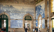 The interior hall of Sao Bento railway station is seen with blue and white azulejo tile pa...