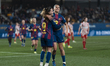 Claudia Pina and Kika Nazareth of FC Barcelona celebrate a goal during the Liga F Moeve ma...