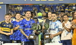 Leandro Paredes and Radamel Falcao Garcia receive the trophies after the goalless draw in...