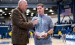 Zach Spiker, the head coach of the Drexel Dragons, is interviewed after an NCAA men's bask...