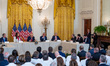 U.S. President Donald Trump speaks during a rural health investment roundtable in the East...