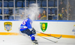 Fyodor Khoroshev of HC Torpedo creates a big snow ice during the HC Torpedo vs. Angers 202...