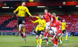 Freddie Anderson of Barrow AFC heads the ball towards the goal during the Sky Bet League 2...