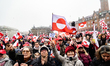 Protesters wave Greenland flags during a demonstration under the slogans 'hands off Greenl...
