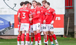 Tommi O'Reilly of Crewe Alexandra is congratulated for the goal during the Sky Bet League...