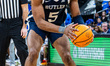 MICHAEL AJAYI (5) of the Butler Bulldogs possesses the ball during an NCAA men's basketbal...
