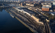 An aerial drone view shows the Szczecin Glowny railway station area and surrounding rail i...