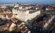 An aerial drone view shows the Pomeranian Dukes' Castle and surrounding Old Town roofs in...