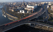 An aerial drone view shows the Trasa Zamkowa bridge section, including the Jerzy Labuda Br...