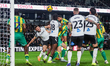 Gorge Campbell of West Bromwich Albion gets a head to the ball as Derby County defends dur...
