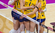 Conegliano players celebrate the point during the semifinal between Igor Novara and Prosec...