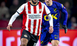 PSV Eindhoven midfielder Ismael Saibari and NAC Breda midfielder Max Balard play during th...