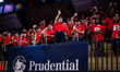 The Rutgers Scarlet Knights band jeers the Michigan Wolverines before an NCAA women's bask...