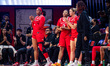The Rutgers Scarlet Knights bench reacts during an NCAA women's basketball game at Jersey...