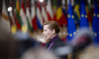 Prime Minister of Denmark Mette Frederiksen talks to the media ahead of the emergency Spec...