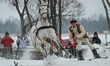LUDZMIERZ, POLAND – FEBRUARY 1: A participant takes part in a skijoring (skiring) race, i...