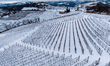 In Langhe, Piedmont, Italy, on February 3, 2026, a panorama of snow-covered vineyards appe...