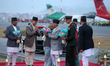 Nepali Prime Minister Sushila Karki (center) welcomes Nepal President Ram Chandra Paudel a...