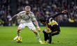 Franco Mastantuono of Real Madrid (L) is in action with the ball during the LaLiga EA Spor...