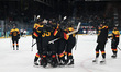 A player from Germany exults during the Winter Olympic Games at the Milano Rho Ice Hockey...
