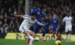 Raul Jimenez of Fulham shoots towards the goal during the Premier League match between Ful...