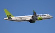 An airBaltic Airbus A220-300 takes off from Barcelona-El Prat Airport in Barcelona, Spain,...