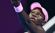 Victoria Mboko of Canada competes in her quarterfinal match against Elena Rybakina of Kaza...