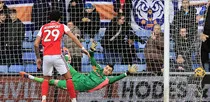 Editorial photo: Mark Helm of Fleetwood Town Football Club scores his side's opening goal during the Sky Bet League 2 match between Oldham Athletic and Fleetwood Town at Boundary Park in Oldham, on February 14, 2026.  by MI News/NurPhoto