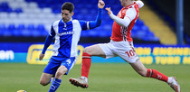 Editorial photo: Tom Pett of Oldham Athletic Association Football Club tussles with Mark Helm of Fleetwood Town Football Club during the Sky Bet League 2 match between Oldham Athletic and Fleetwood Town at Boundary Park in Oldham, on February 14, 2026.  by MI News/NurPhoto