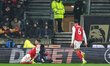 Piero Hincapie of Arsenal FC celebrates the goal on his knees as Gabriel Magalhaes of Arse...
