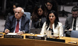 Palesitinan Ambassador Riyad Mansour. to the UN and Hiba Qasas listen during the United Na...