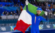 Andrea Giovannini celebrates after winning  bronze in the Speed Skating Men's Mass Start f...