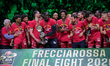 EA7 Emporio Armani Milano lifts the cup after winning the final match against Bertram Dert...
