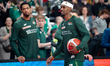 Chavaughn Lewis and Phil Fayne warm up before the basketball game between Energa Trefl Sop...