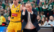 Mikko Larkas, head coach of Trefl Sopot, is seen during the basketball game between Energa...