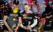 Mikko Larkas, head coach of Trefl Sopot, celebrates winning the cup after the basketball m...