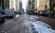 Piles of snow and ice cover sidewalks along Sixth Avenue near the Diamond District in New...