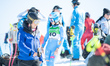 Roberta Melesi participates in the pre-start warm-up in the women's alpine skiing downhill...