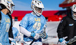 Joseph Doyle, 48, of the LIU Sharks exits the field during an NCAA men's lacrosse game at...