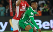 Daniel Torres of Independiente Santa Fe and Andres Sarmiento of Atletico Nacional fight fo...