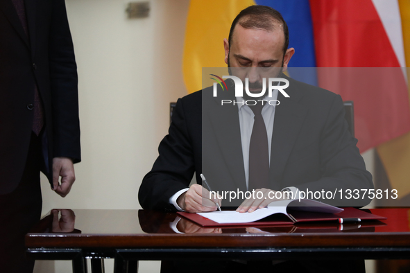 In Warsaw, Poland, on February 26, 2026, Suren Papikyan, Minister of Defense of the Republic of Armenia, signs a military-technical cooperat... by Klaudia Radecka/NurPhoto