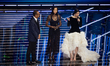 Carlo Conti, Laura Pausini, and Irina Shayk attend the 76th Sanremo Music Festival 2026 at...