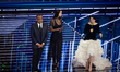 Carlo Conti, Laura Pausini, and Irina Shayk attend the 76th Sanremo Music Festival 2026 at...