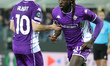 Moise Kean of ACF Fiorentina celebrates after scoring his team's goal during the UEFA Conf...