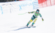 Greta Small of Australia arrives at the finish line during the Audi FIS World Cup downhill...