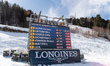 A screen displays the race leaders during the Audi FIS World Cup downhill race day at Pist...